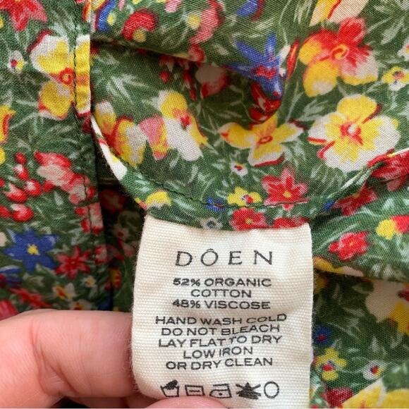 Doen Emilia Cotton V Neck Tie Short Puff Sleeve Mini Dress Green Valley Floral - Picture 14 of 16